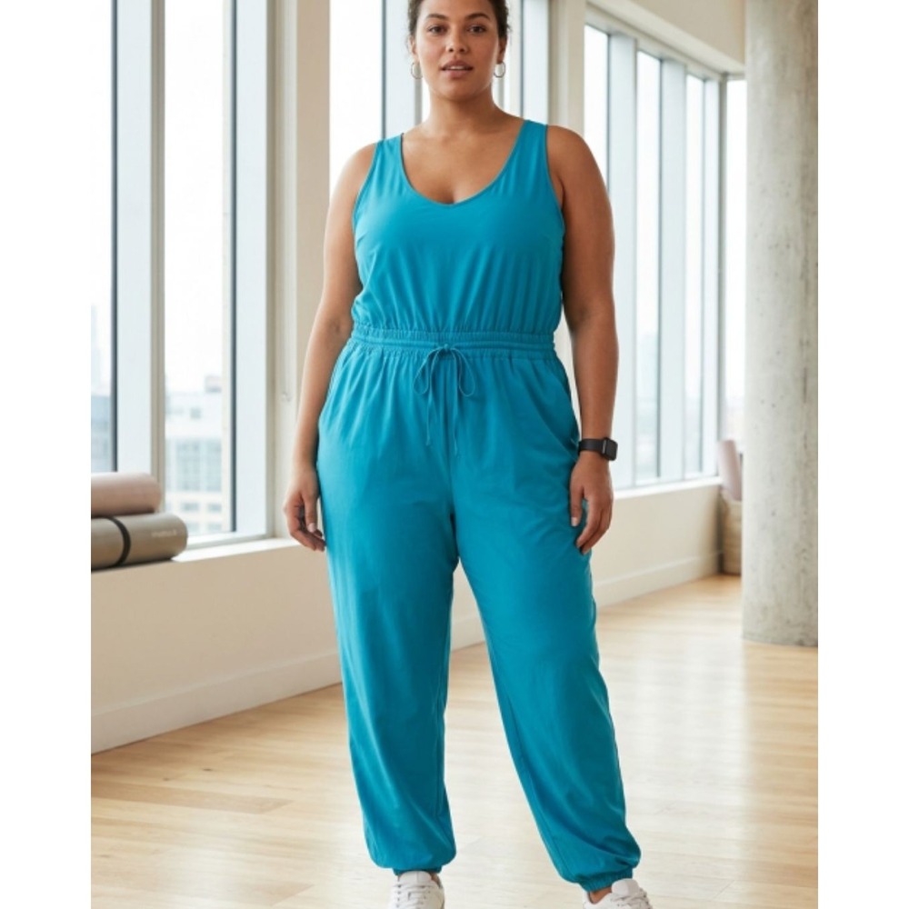 Athleta Sleeveless Drawstring Waist Pocket Jumpsuit 3X Teal Blue